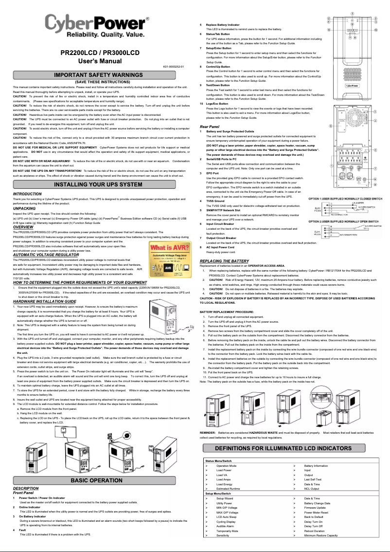 Page 1 de la notice Manuel utilisateur CyberPower PR3000LCD
