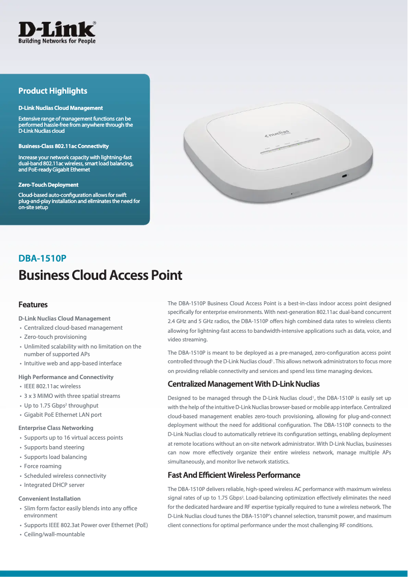 Page 1 of the manual Technical Sheet D-Link DBA-1510P