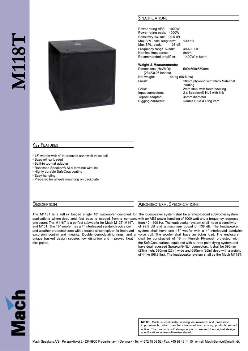 Page 1 of the manual Technical Sheet Martin Mach M118T