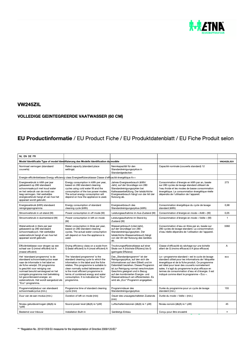 Page 1 of the manual Technical Sheet Etna VW245ZIL
