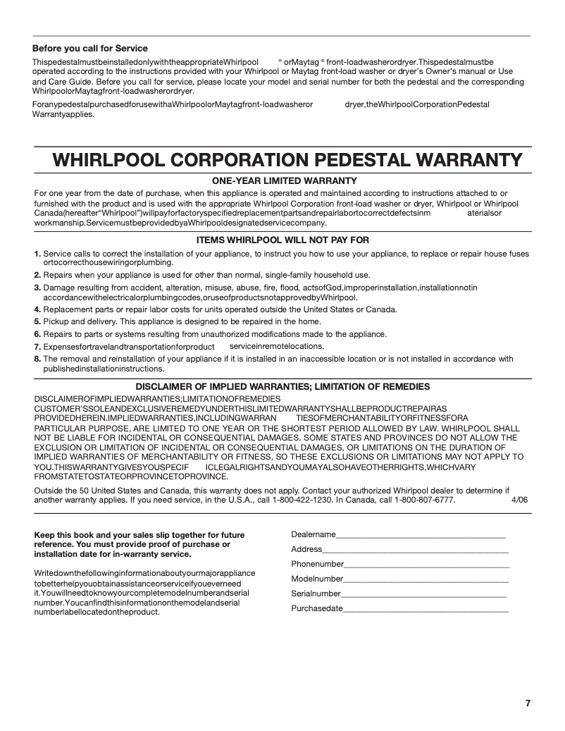 Page 1 of the manual Warranty Information Whirlpool XHP1000XW