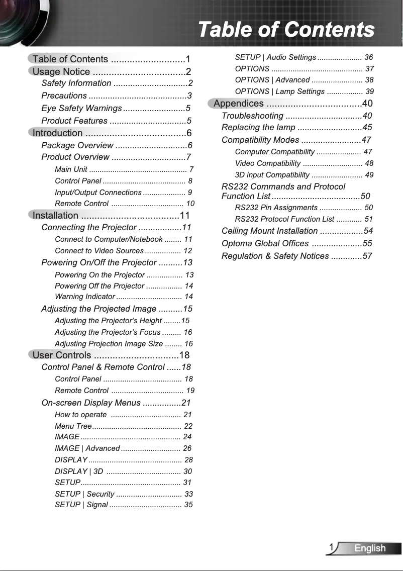 Page 1 of the manual User Manual Optoma GT750E