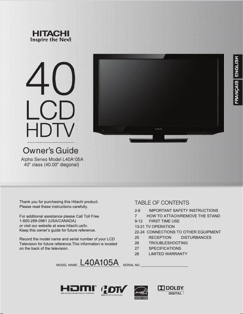 Page 1 of the manual User Manual Hitachi L40A105A