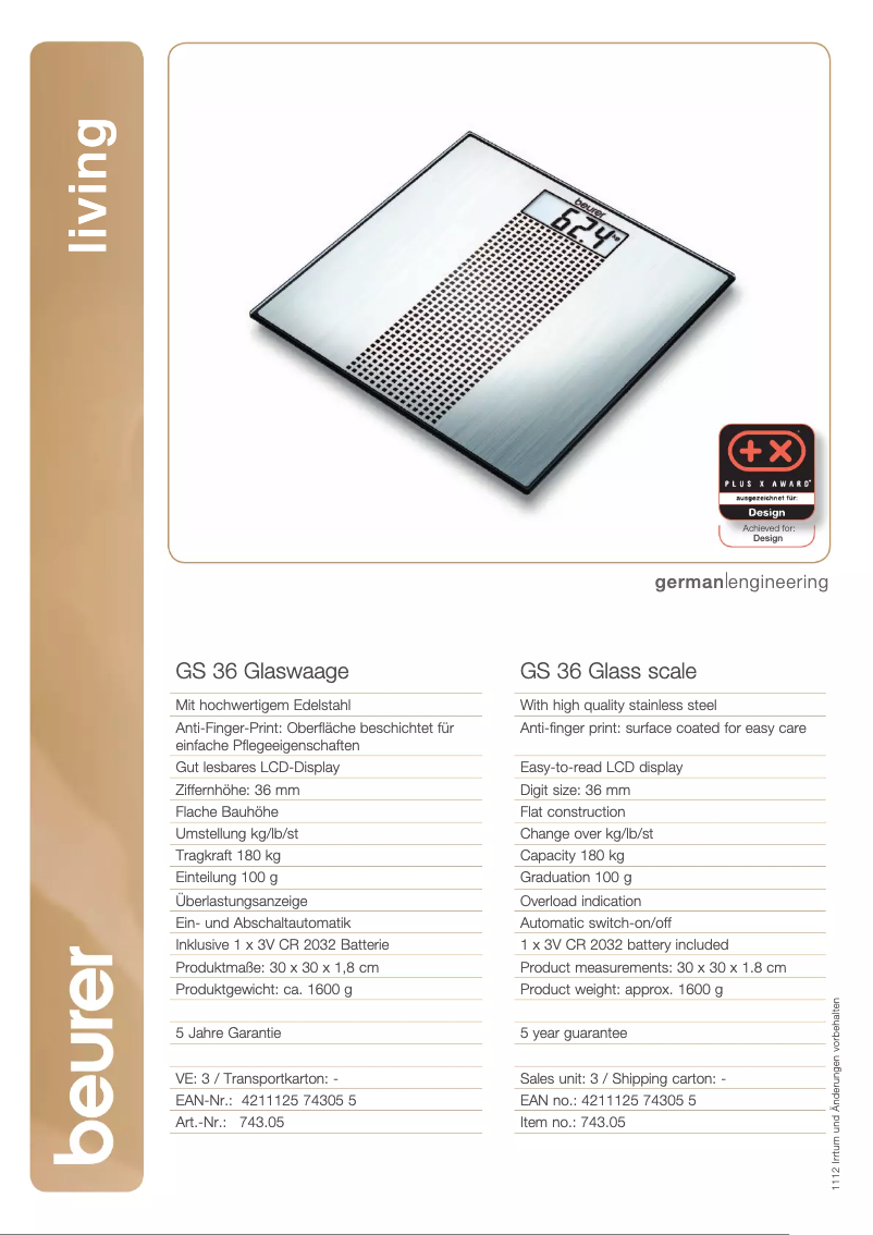 Page 1 of the manual Technical Sheet Beurer GS 36