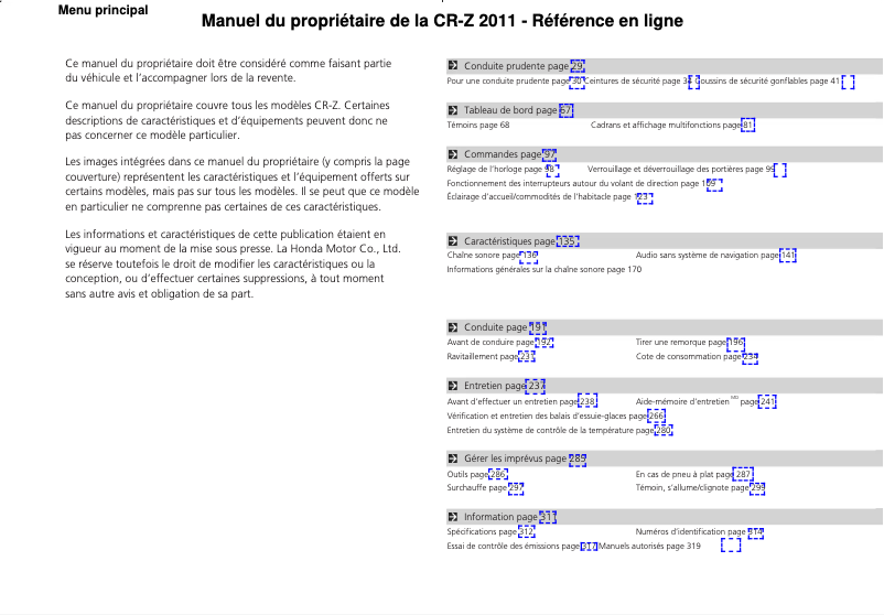 Page 1 of the manual User Manual Honda CR-Z (2011)