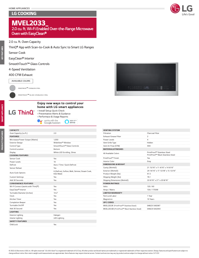 Page 1 of the manual Technical Sheet LG MVEL2033D