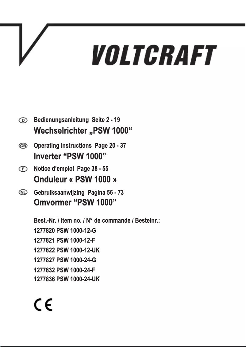 Page 1 of the manual User Manual Voltcraft PSW 1000-12-G