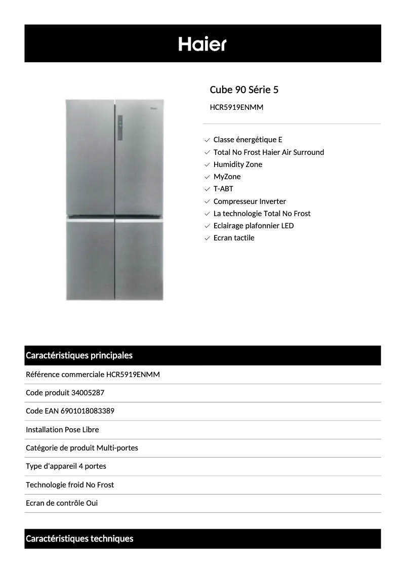 Page 1 of the manual Technical Sheet Haier HCR5919ENMM