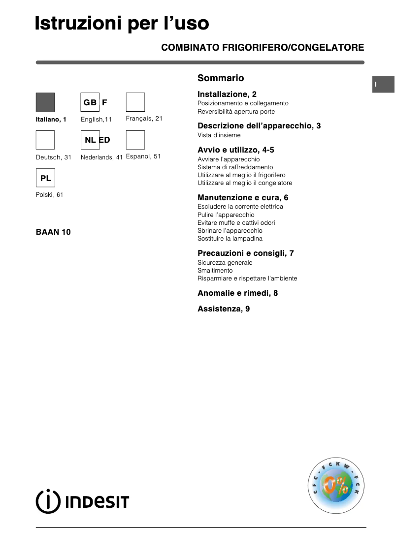 Page 1 of the manual User Manual Indesit BAAN 10