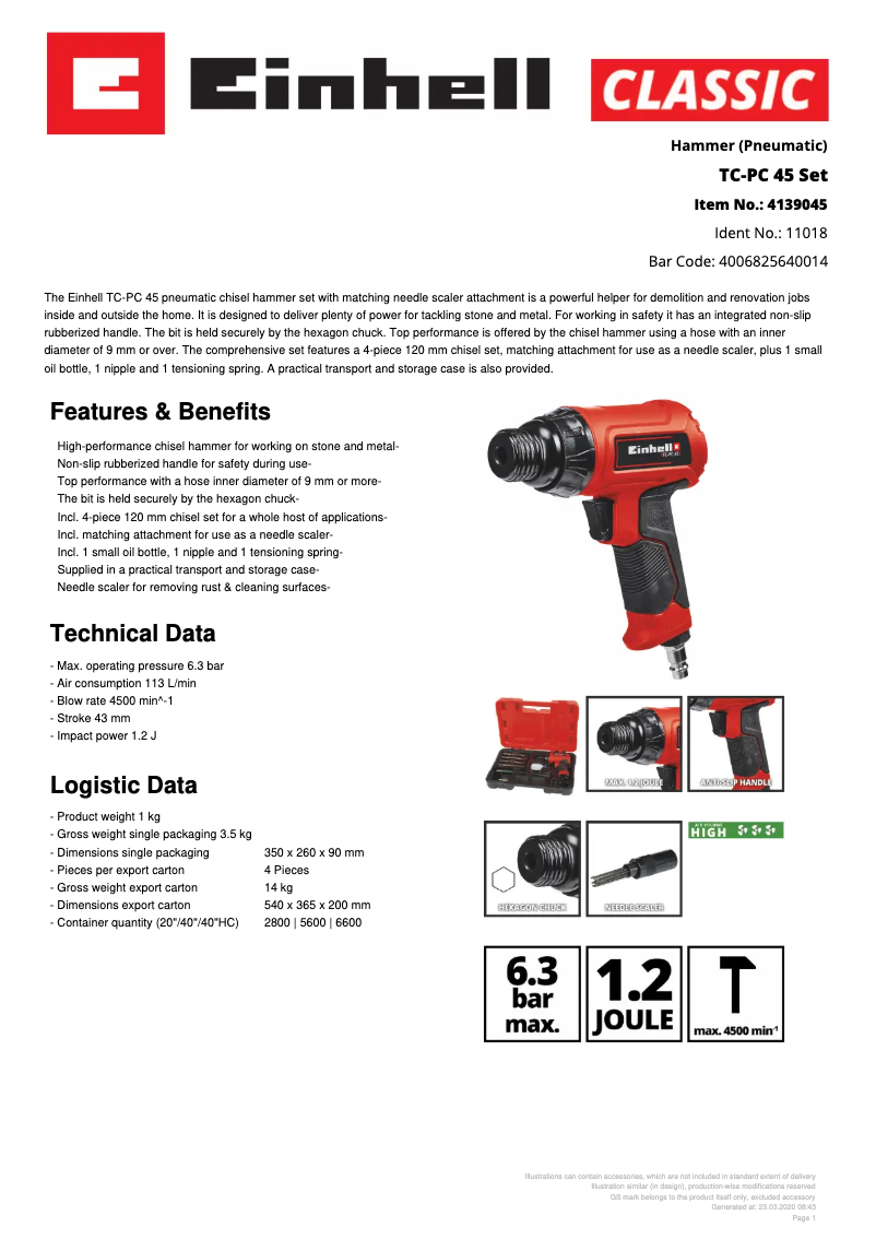 Page 1 of the manual Technical Sheet Einhell TC-PC 45 Set