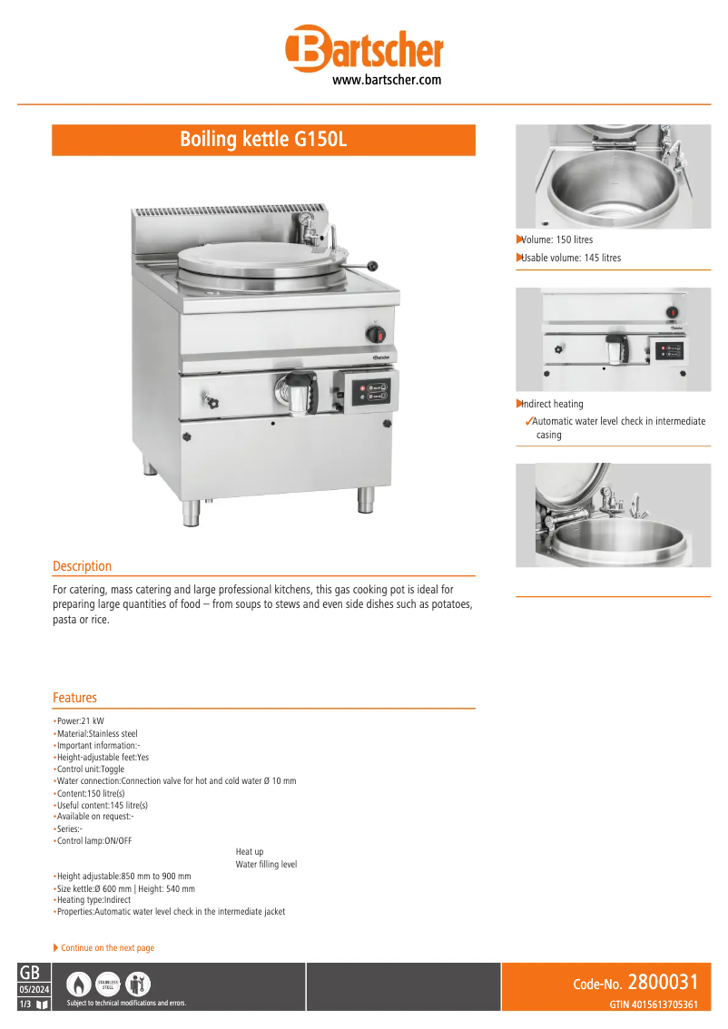 Page 1 of the manual Technical Sheet Bartscher G150L