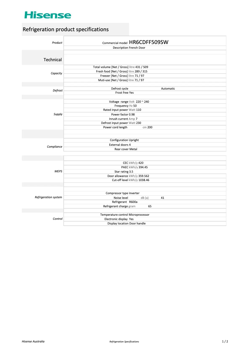 First page image of the manual for HR6CDFF509SW
