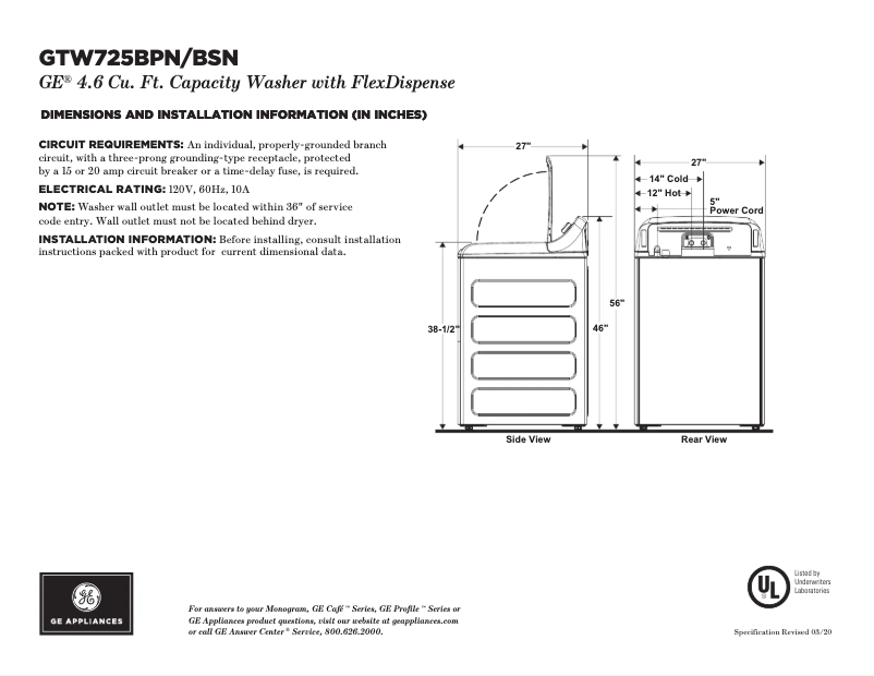 Page 1 of the manual Technical Sheet GE GTW725BPNDG