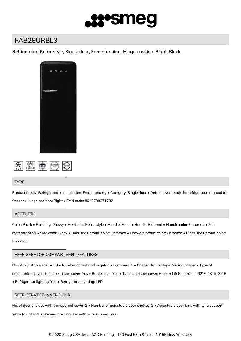 Page 1 of the manual Technical Sheet Smeg FAB28URBL3