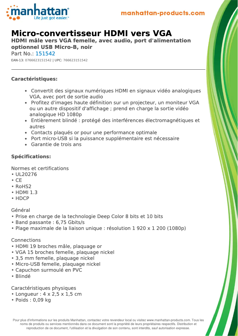 Page 1 of the manual Technical Sheet Manhattan HDMI to VGA Micro Converter 151542