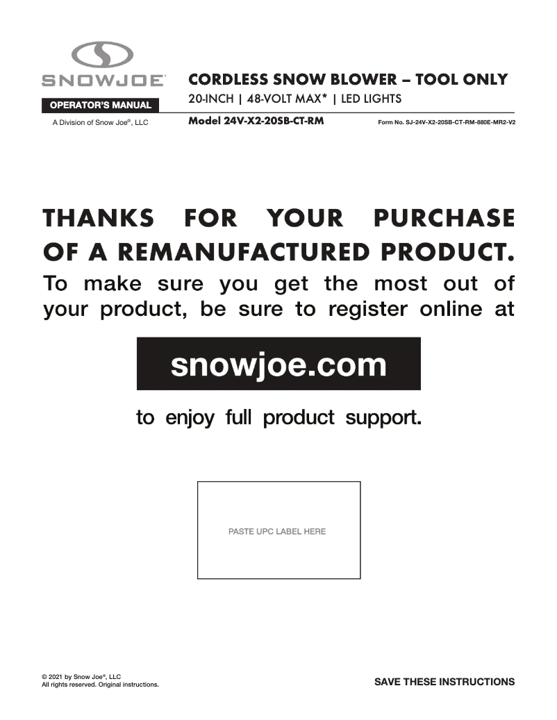Page 1 of the manual User Manual Snow Joe 24V-X2-20SB-CT-RM