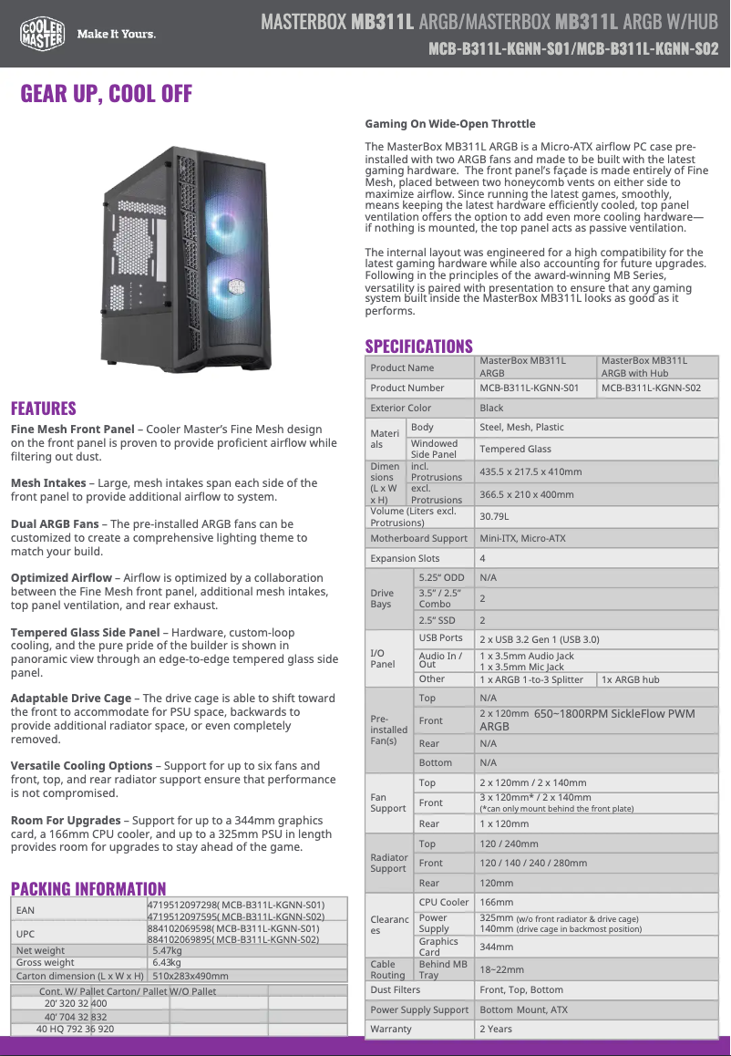 First page image of the manual for MasterBox MB311L ARGB