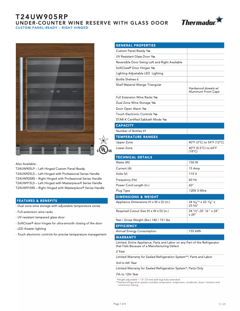 Page 1 of the manual Technical Sheet Thermador T24UW905RP