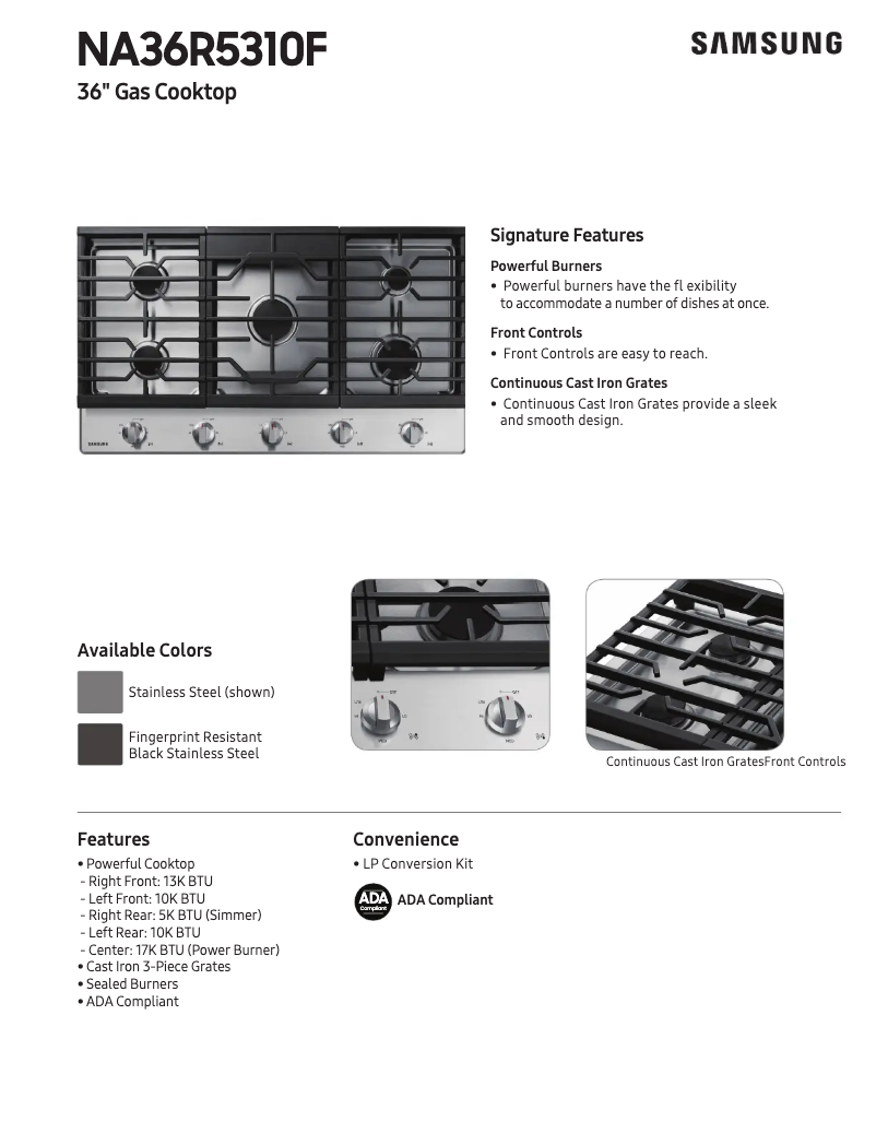 Page 1 of the manual Technical Sheet Samsung NA36R5310FS