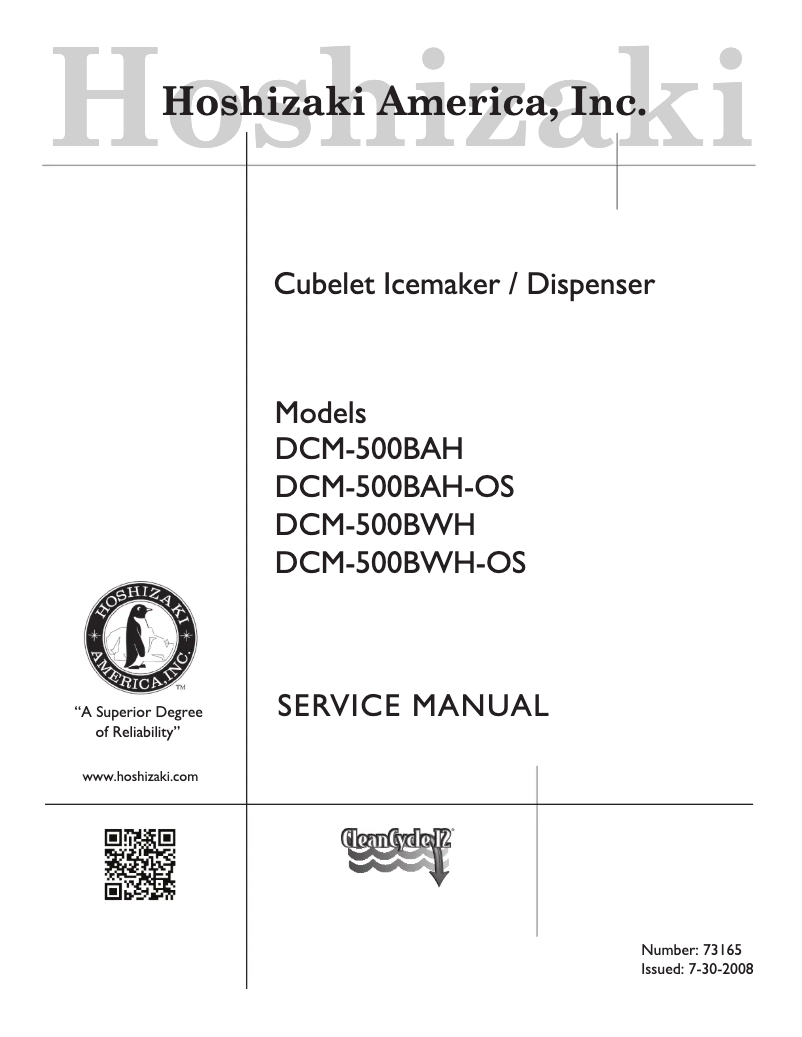 Page 1 of the manual User Manual Hoshizaki DCM-500BWH-OS