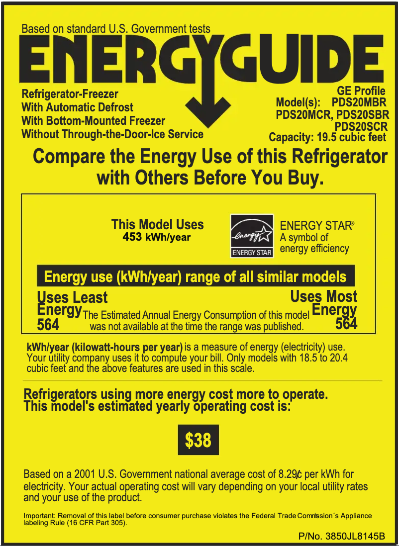 Page 1 of the manual Energy Label GE Profile PDS20SCRLSS
