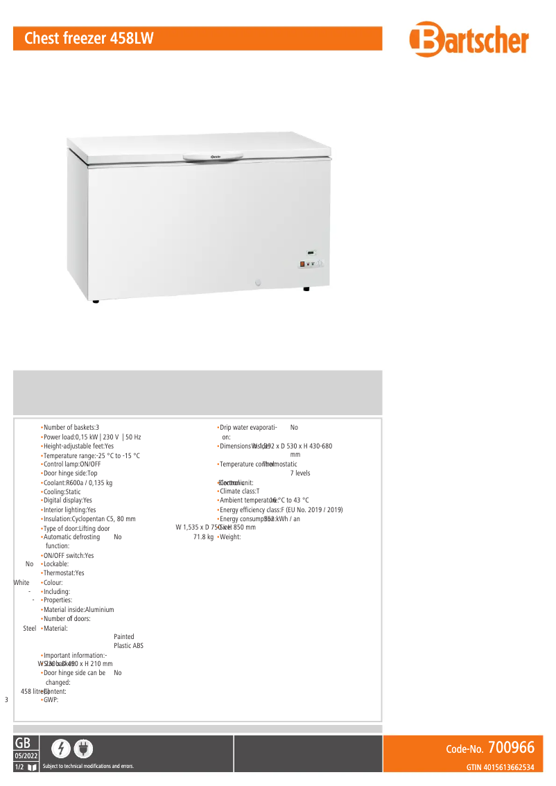 Page 1 of the manual Technical Sheet Bartscher 700966