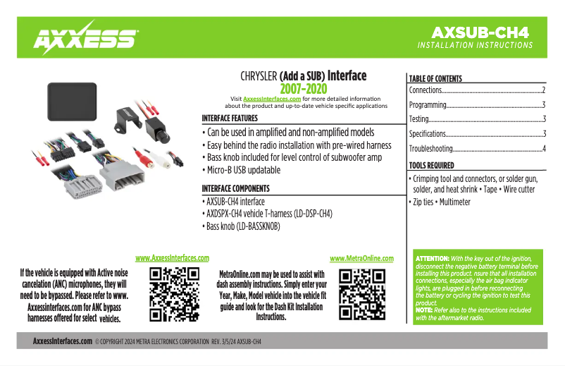 First page image of the manual for AXSUB-CH4