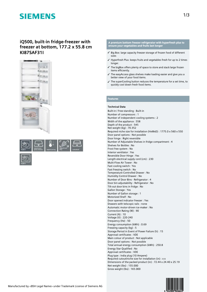 Page 1 of the manual Technical Sheet Siemens KI87SAF31I