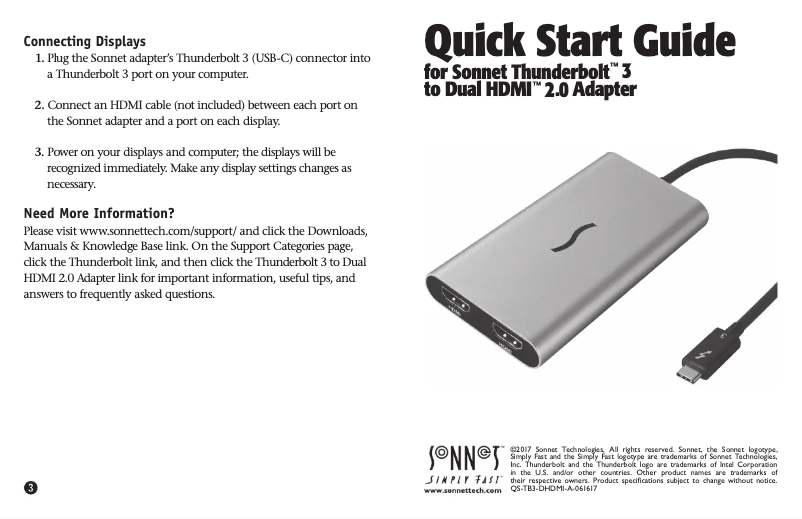 Page 1 of the manual User Manual Sonnet Thunderbolt 3 to Dual HDMI 2.0 Adapter