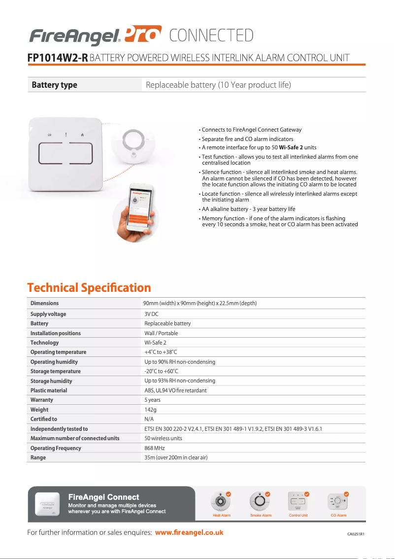 Page 1 of the manual Technical Sheet FireAngel FP1014W2-R
