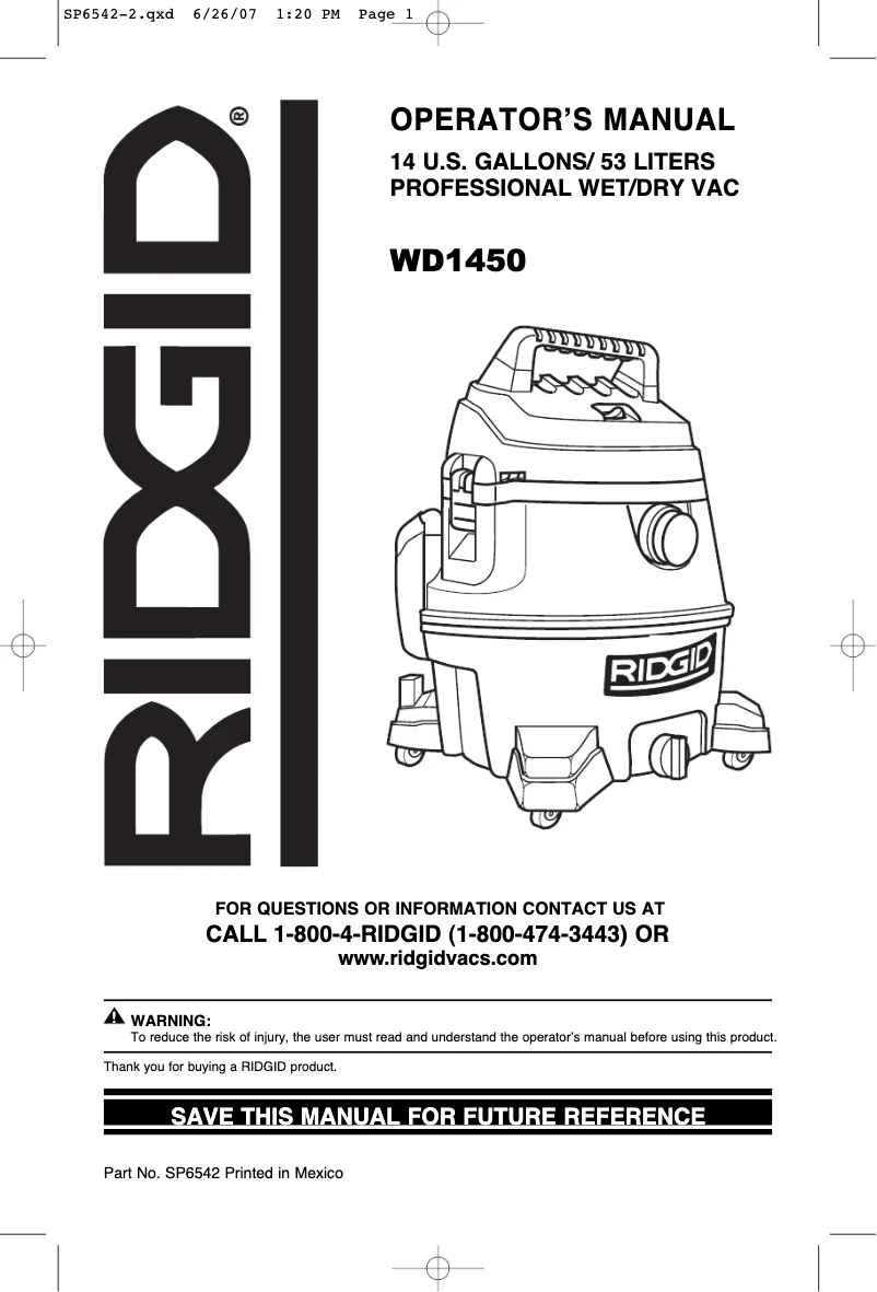 Page 1 of the manual User Manual Ridgid WD1450