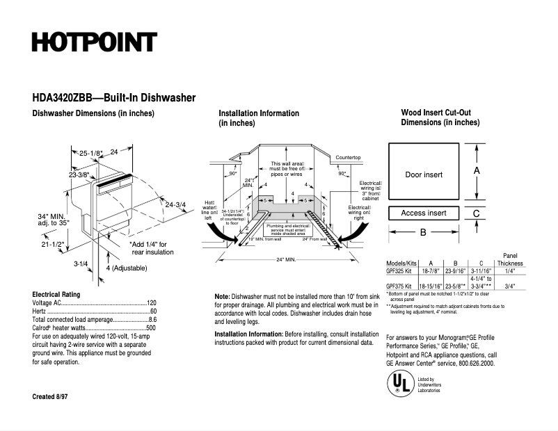 Page 1 of the manual Technical Sheet Hotpoint HDA3420ZBB