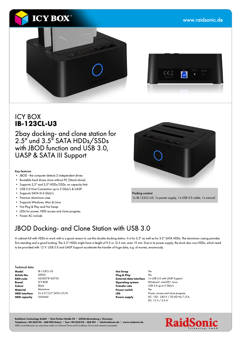 Page 1 of the manual Technical Sheet Icy Box Raidsonic IB-123CL-U3