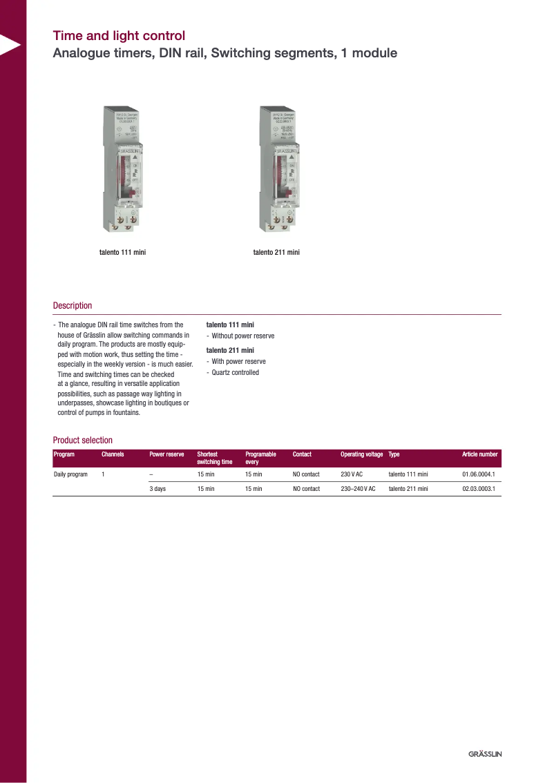 Page 1 of the manual Technical Sheet Grässlin talento smart B10 mini