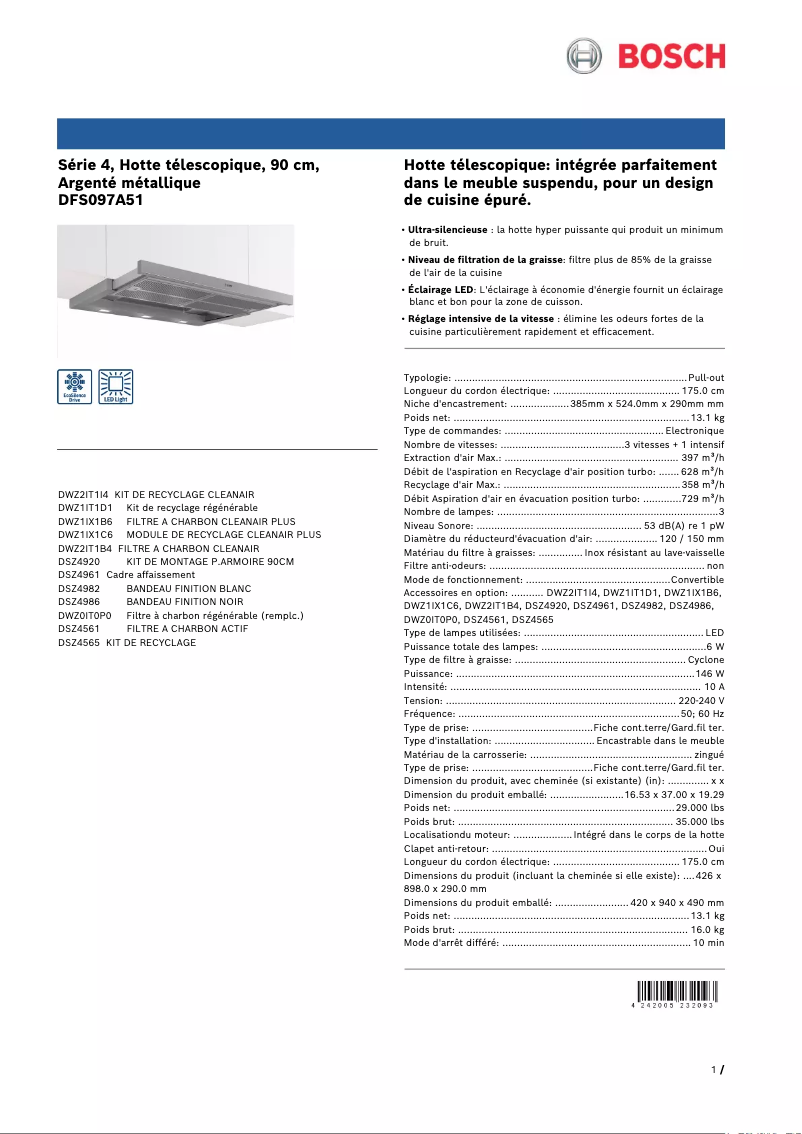 Page 1 of the manual Technical Sheet Bosch DFS097A51