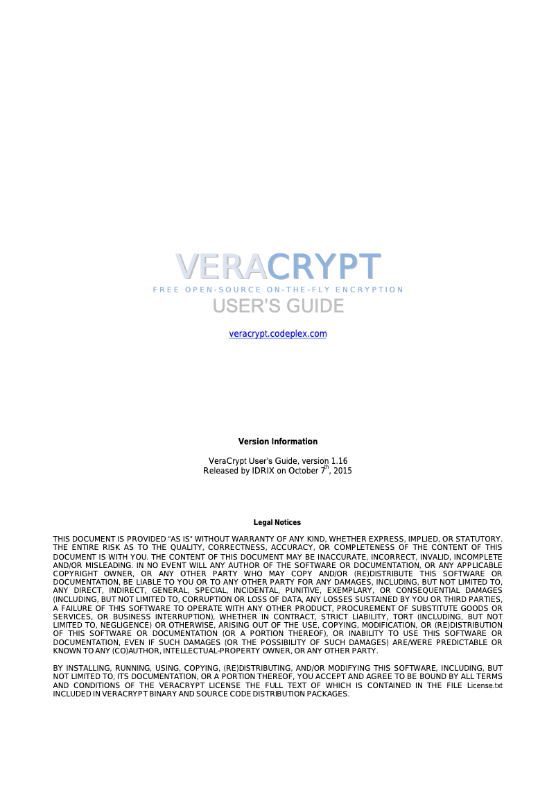 Page 1 of the manual User Manual VeraCrypt 1.16