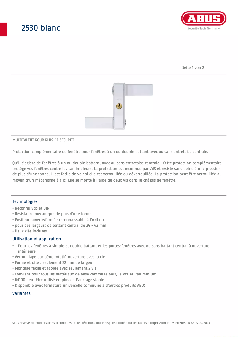 Page 1 of the manual Technical Sheet Abus 2530