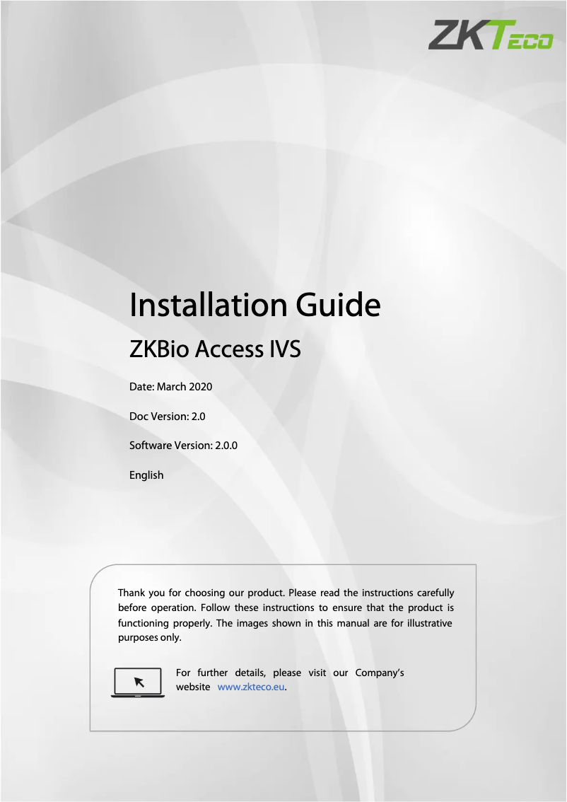 Page 1 of the manual Installation Guide ZKTeco ZKBioAccess IVS