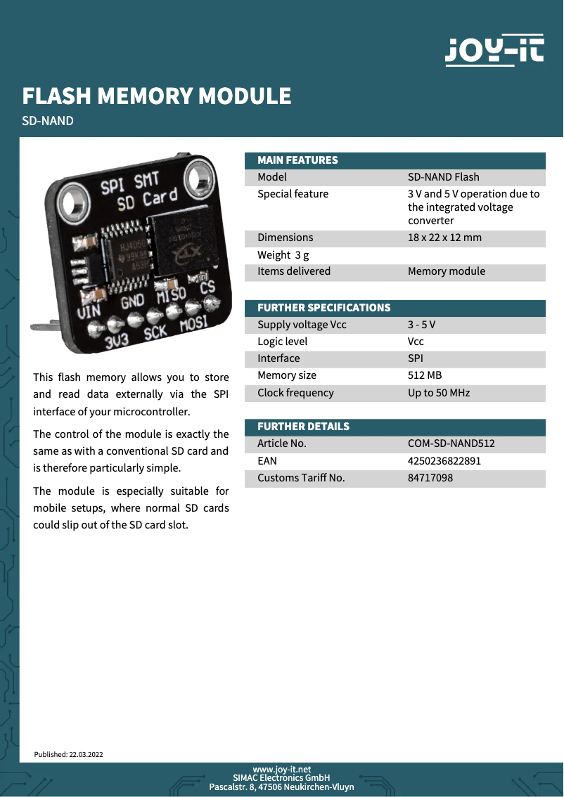 Image de la première page du manuel de l'appareil COM-SD-NAND512