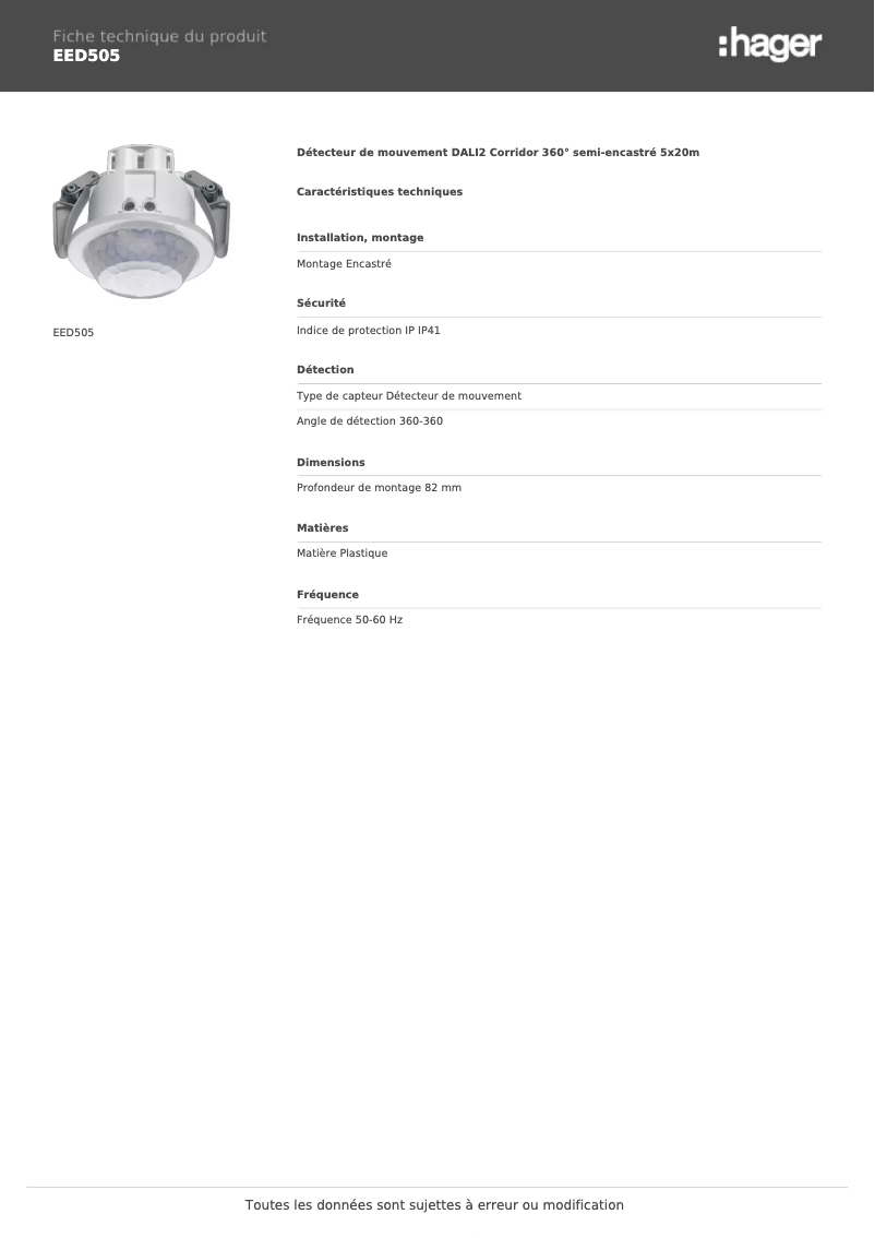 Page 1 of the manual Technical Sheet Hager EED505