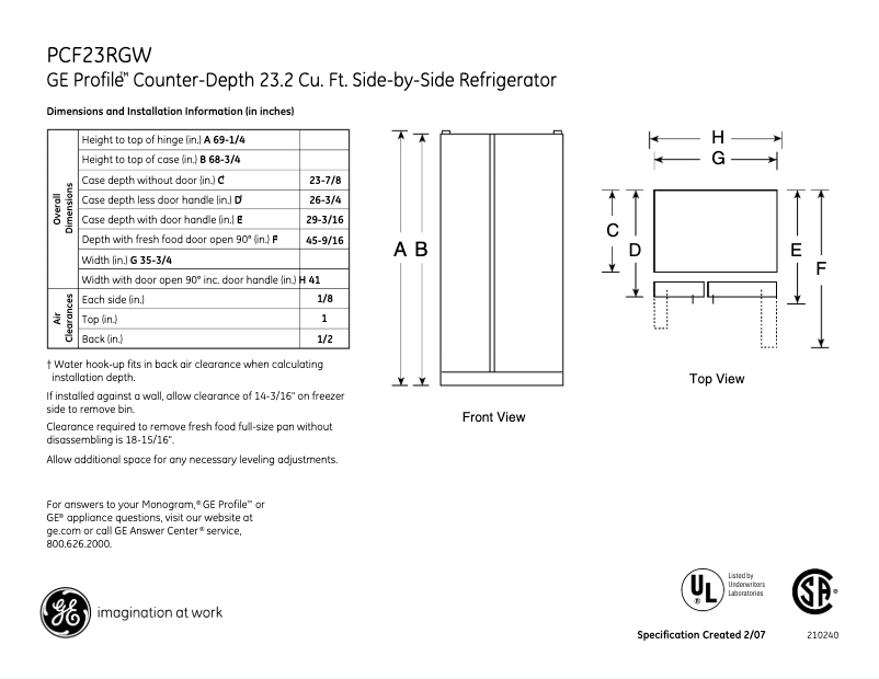 Page 1 of the manual Technical Sheet GE Profile PCF23RGWWW