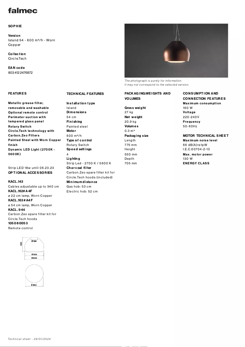 Page 1 of the manual Technical Sheet Falmec Sophie