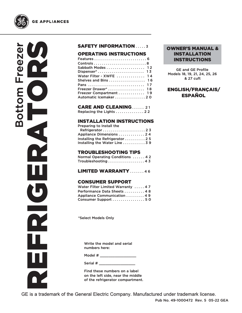 Page 1 of the manual Installation Guide GE GYE18JYLFS