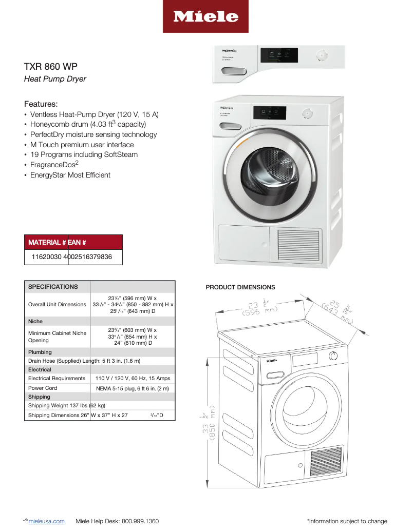 Page 1 of the manual Technical Sheet Miele TXR 860 WP T1