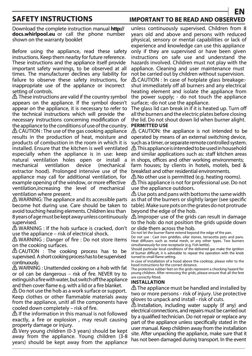 Page 1 de la notice Instructions / montage Whirlpool AKM 361/IX/01