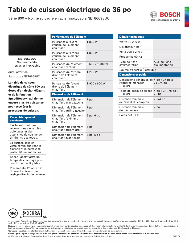 Page 1 of the manual Technical Sheet Bosch NET8669SUC