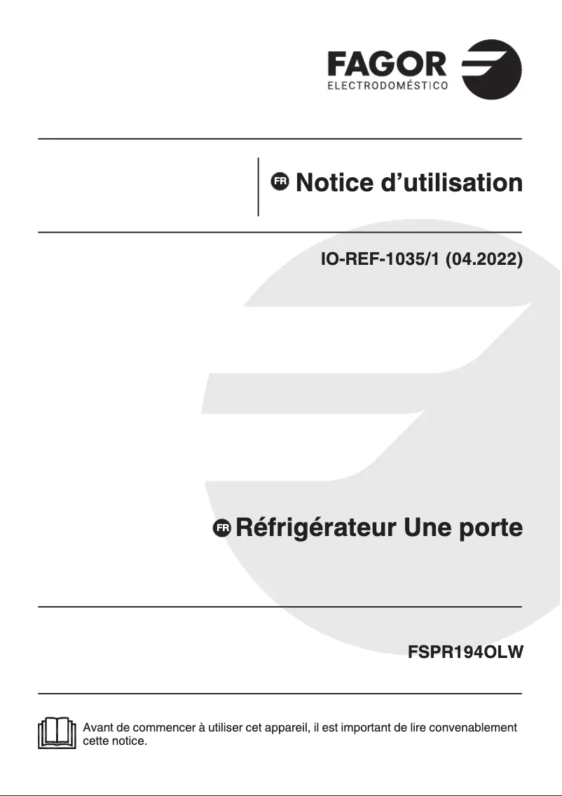 First page image of the manual for FSPR194OLW