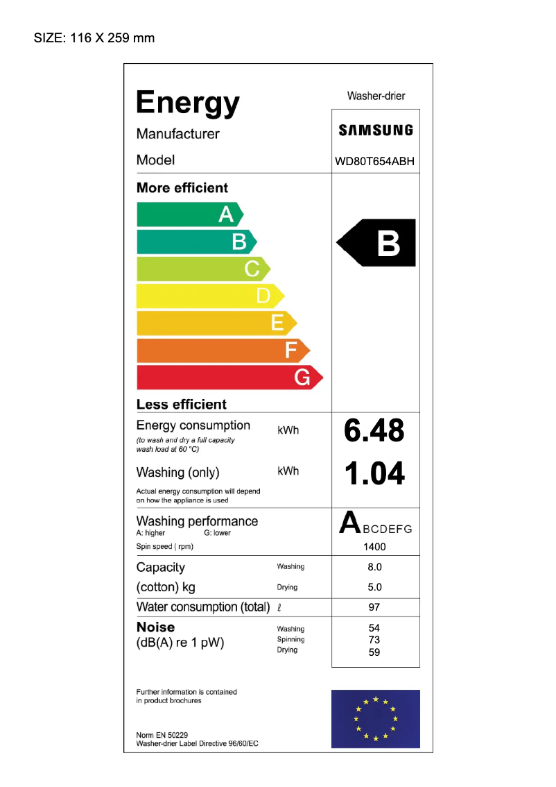 Page 1 of the manual Energy Label Samsung WD80T654ABH