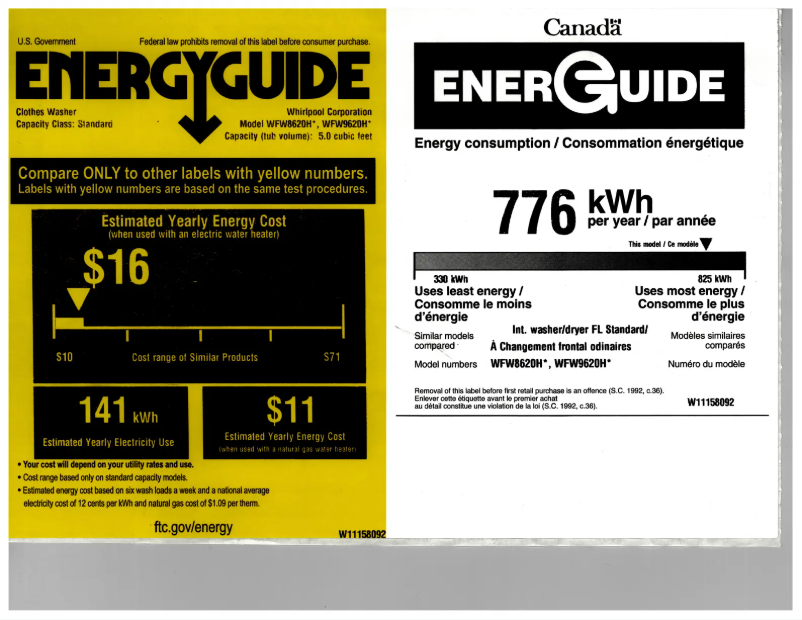 Page 1 of the manual Energy Label Whirlpool WFW9620HW