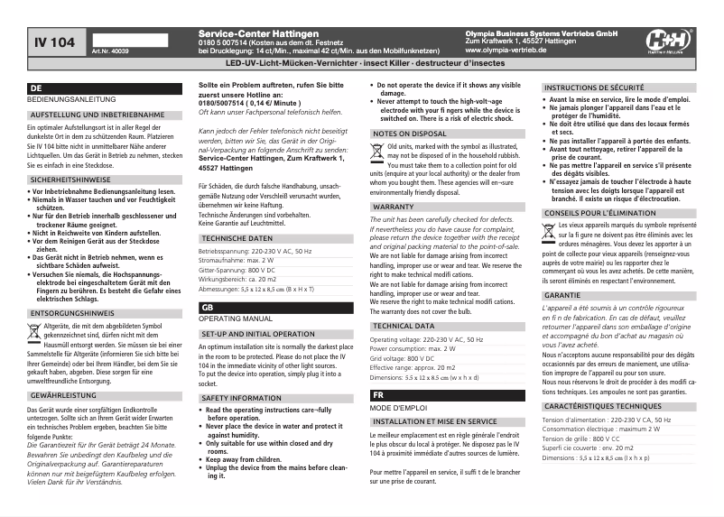 Page 1 of the manual User Manual Olympia IV 104